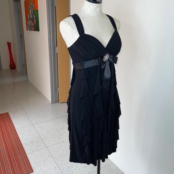 Cache Womens Ruffle Dress Black Size 6 Chiffon Long Ribbon Rhinestone Brooch Bow - Picture 10 of 12